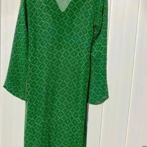 MONISHA JAISING FOR TABLA - GREEN TILE PATERN LONG TUNIC Gold TRIM Size S NWOT - Picture 7 of 9